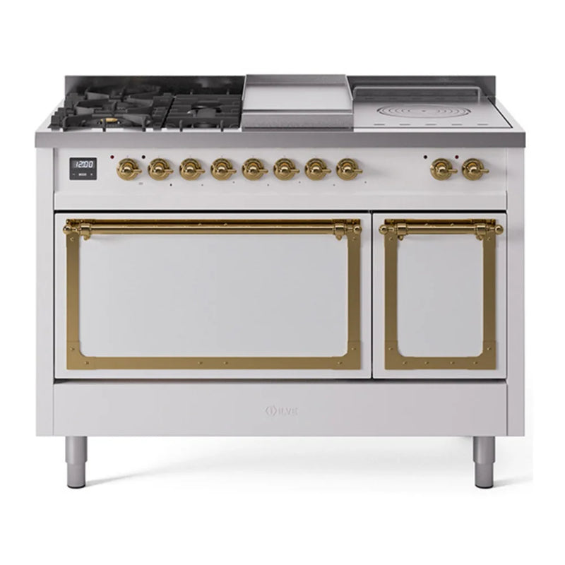 ILVE Nostalgie II Noblesse 48" Dual Fuel Freestanding Range in White with Brass Trim, UN48FSQNMPWHGLP