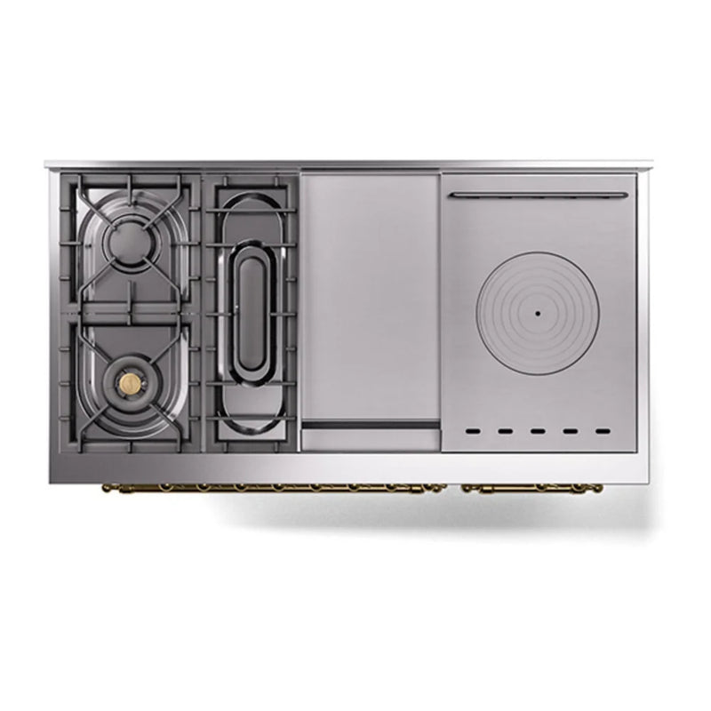 ILVE Nostalgie II Noblesse 48" Dual Fuel Freestanding Range in White with Brass Trim, UN48FSQNMPWHGLP