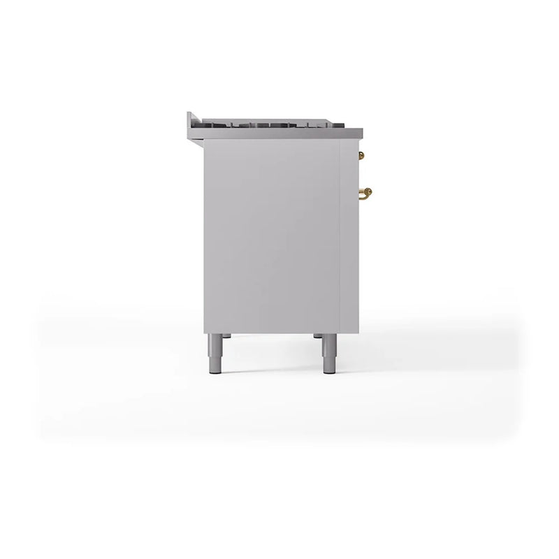 ILVE Nostalgie II Noblesse 48" Dual Fuel Freestanding Range in White with Brass Trim, UN48FSQNMPWHGLP