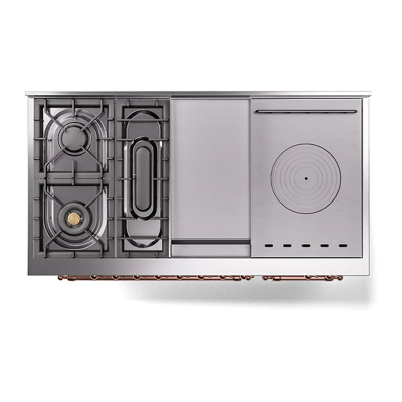 ILVE Nostalgie II Noblesse 48" Dual Fuel Freestanding Range in White with Copper Trim, UN48FSQNMPWHPLP