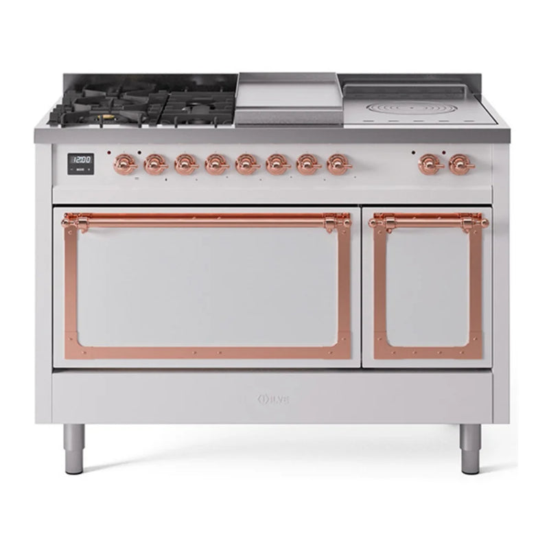 ILVE Nostalgie II Noblesse 48" Dual Fuel Freestanding Range in White with Copper Trim, UN48FSQNMPWHP