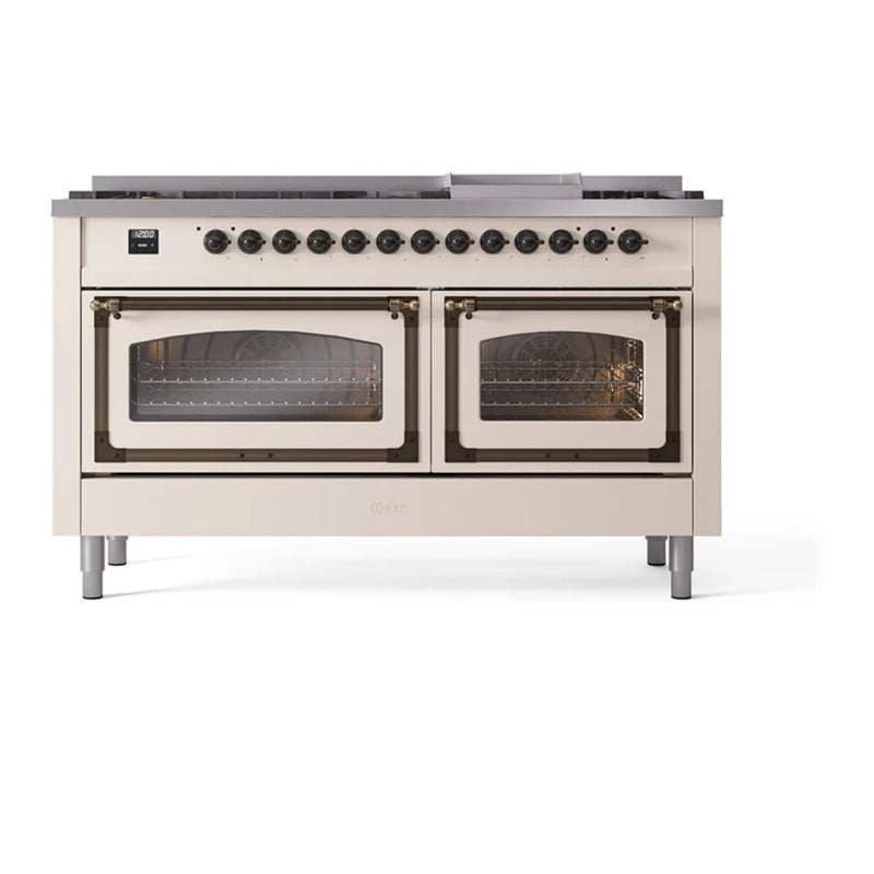 ILVE Nostalgie II Noblesse 60" Dual Fuel Freestanding Range in Antique White with Burnished Trim, UN60FNMPAWBLP