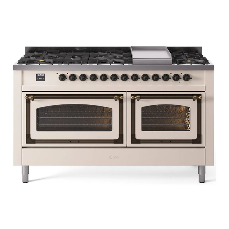 ILVE Nostalgie II Noblesse 60" Dual Fuel Freestanding Range in Antique White with Burnished Trim, UN60FNMPAWB