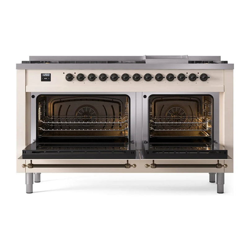 ILVE Nostalgie II Noblesse 60" Dual Fuel Freestanding Range in Antique White with Burnished Trim, UN60FNMPAWB