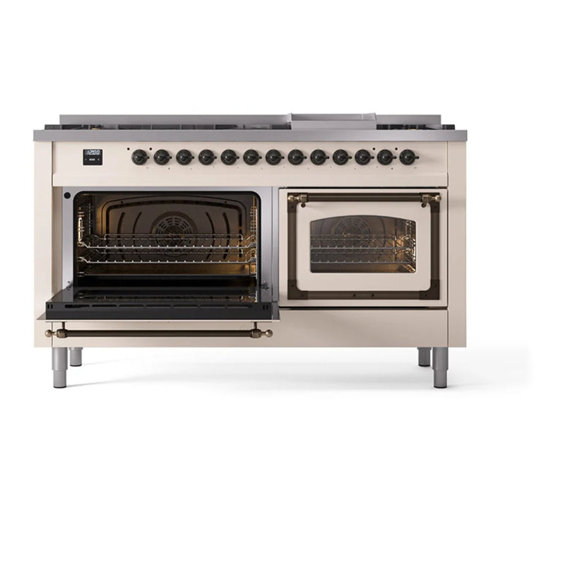 ILVE Nostalgie II Noblesse 60" Dual Fuel Freestanding Range in Antique White with Burnished Trim, UN60FNMPAWB