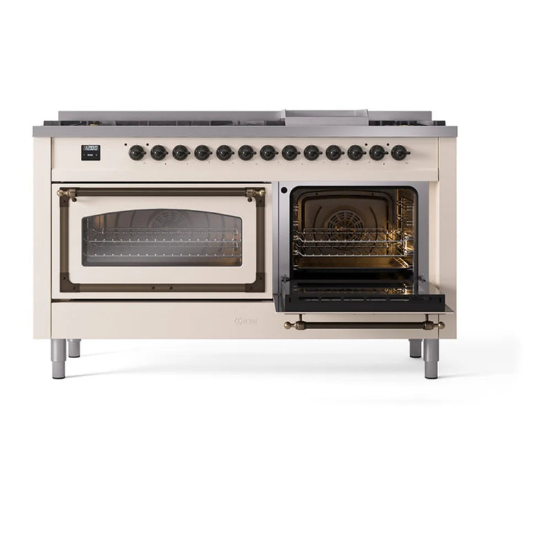ILVE Nostalgie II Noblesse 60" Dual Fuel Freestanding Range in Antique White with Burnished Trim, UN60FNMPAWB