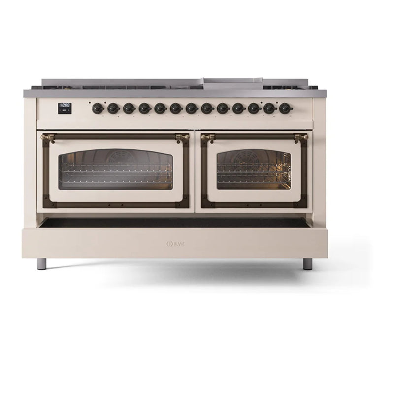 ILVE Nostalgie II Noblesse 60" Dual Fuel Freestanding Range in Antique White with Burnished Trim, UN60FNMPAWB