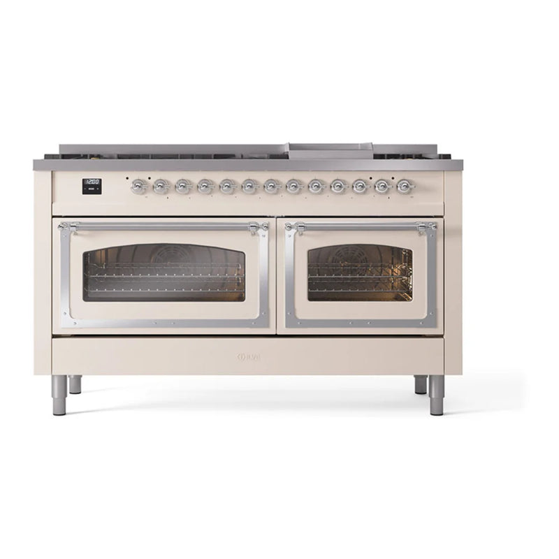ILVE Nostalgie II Noblesse 60" Dual Fuel Freestanding Range in Antique White with Chrome Trim, UN60FNMPAWCLP