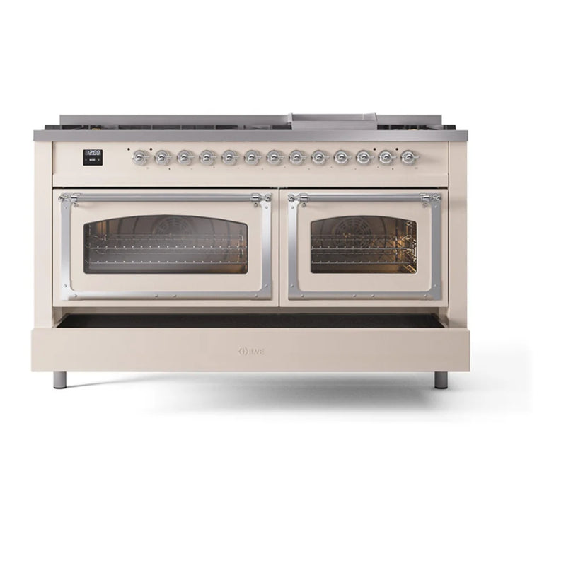 ILVE Nostalgie II Noblesse 60" Dual Fuel Freestanding Range in Antique White with Chrome Trim, UN60FNMPAWCLP