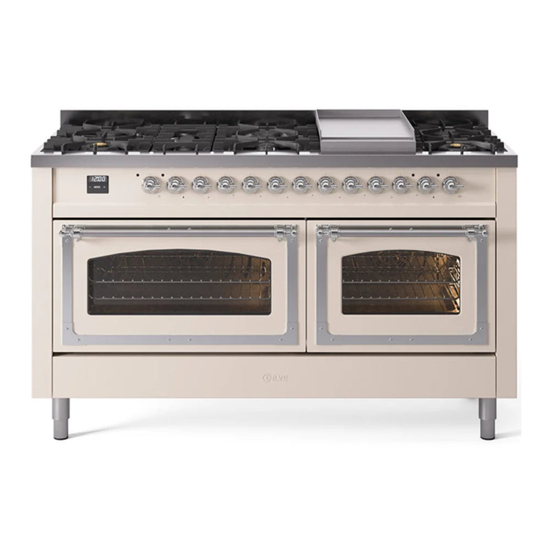 ILVE Nostalgie II Noblesse 60" Dual Fuel Freestanding Range in Antique White with Chrome Trim, UN60FNMPAWC
