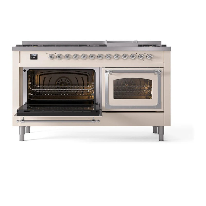 ILVE Nostalgie II Noblesse 60" Dual Fuel Freestanding Range in Antique White with Chrome Trim, UN60FNMPAWC