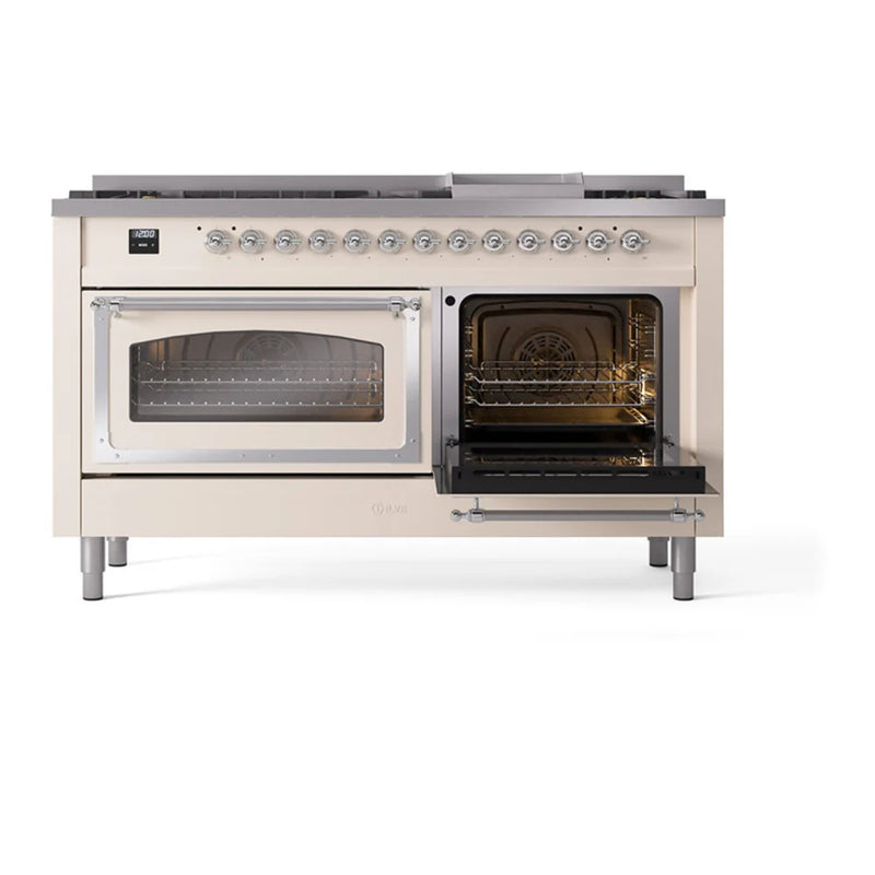 ILVE Nostalgie II Noblesse 60" Dual Fuel Freestanding Range in Antique White with Chrome Trim, UN60FNMPAWC