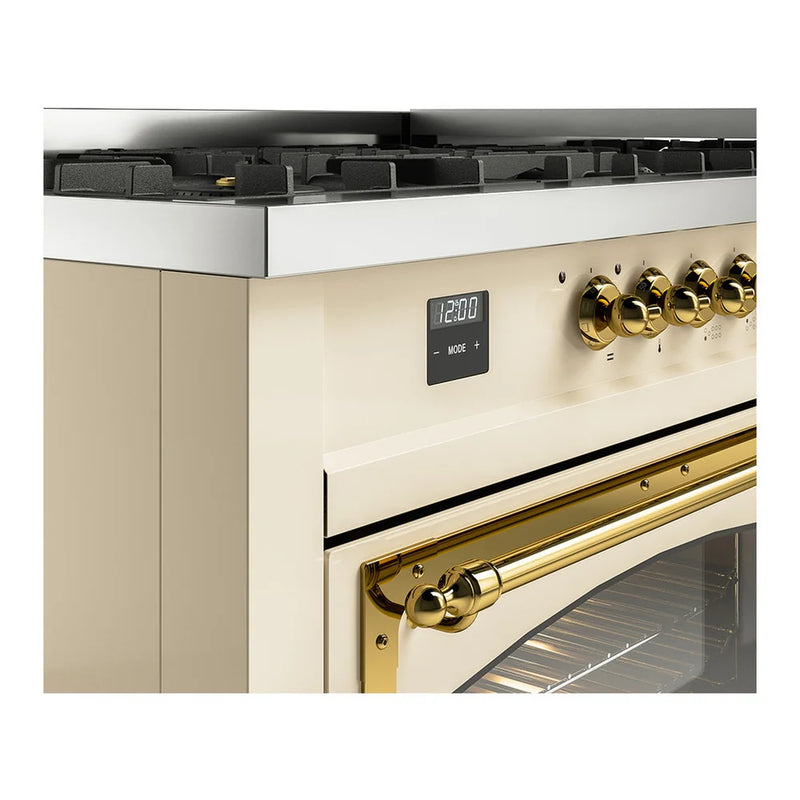 ILVE Nostalgie II Noblesse 60" Dual Fuel Freestanding Range in Antique White with Brass Trim, UN60FNMPAWG