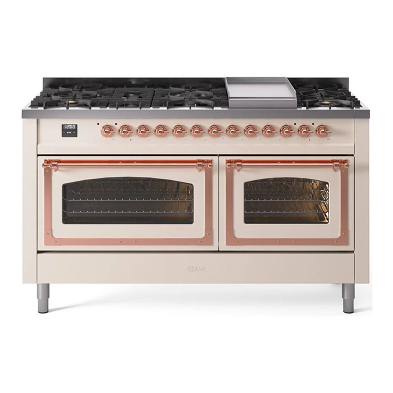 ILVE Nostalgie II Noblesse 60" Dual Fuel Freestanding Range in Antique White with Copper Trim, UN60FNMPAWPLP