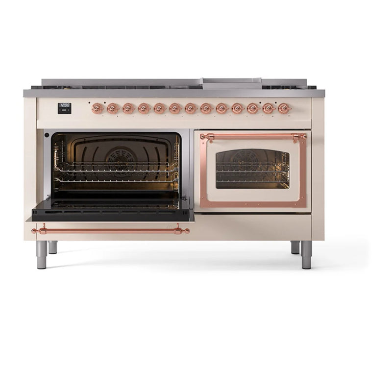 ILVE Nostalgie II Noblesse 60" Dual Fuel Freestanding Range in Antique White with Copper Trim, UN60FNMPAWPLP