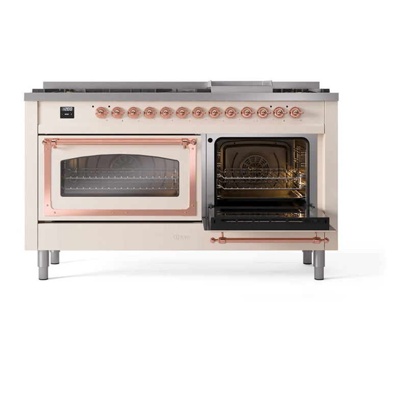 ILVE Nostalgie II Noblesse 60" Dual Fuel Freestanding Range in Antique White with Copper Trim, UN60FNMPAWP