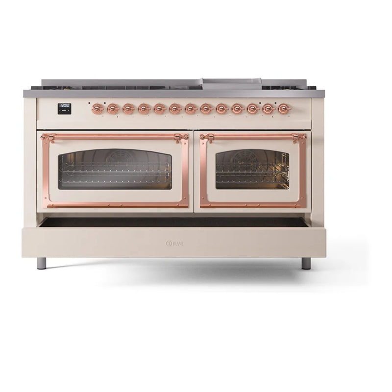 ILVE Nostalgie II Noblesse 60" Dual Fuel Freestanding Range in Antique White with Copper Trim, UN60FNMPAWP