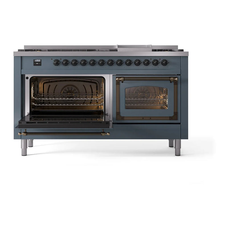ILVE Nostalgie II Noblesse 60" Dual Fuel Freestanding Range in Blue Grey with Burnished Trim, UN60FNMPBGBLP