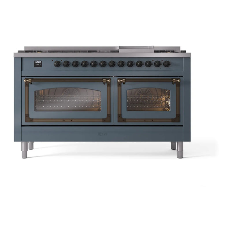 ILVE Nostalgie II Noblesse 60" Dual Fuel Freestanding Range in Blue Grey with Burnished Trim, UN60FNMPBGBLP