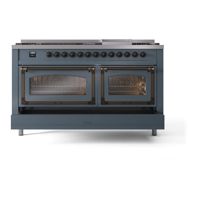 ILVE Nostalgie II Noblesse 60" Dual Fuel Freestanding Range in Blue Grey with Burnished Trim, UN60FNMPBGBLP