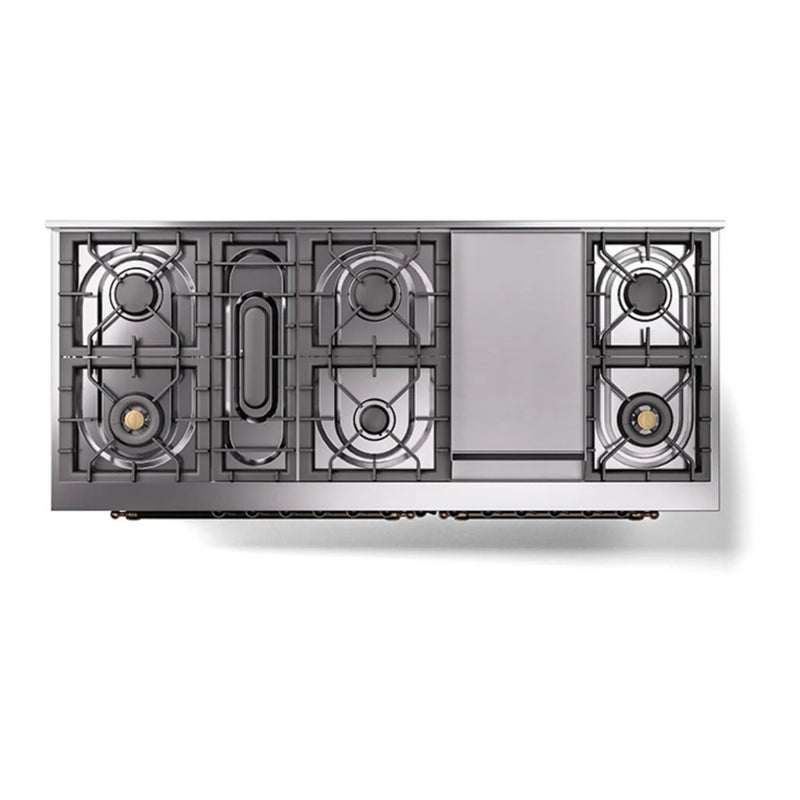 ILVE Nostalgie II Noblesse 60" Dual Fuel Freestanding Range in Blue Grey with Burnished Trim, UN60FNMPBGBLP