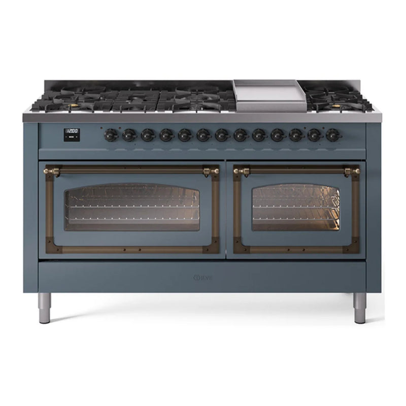 ILVE Nostalgie II Noblesse 60" Dual Fuel Freestanding Range in Blue Grey with Burnished Trim, UN60FNMPBGB