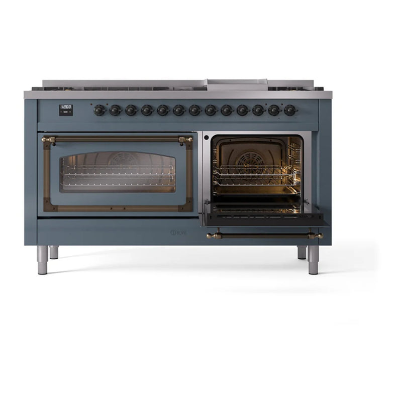 ILVE Nostalgie II Noblesse 60" Dual Fuel Freestanding Range in Blue Grey with Burnished Trim, UN60FNMPBGB