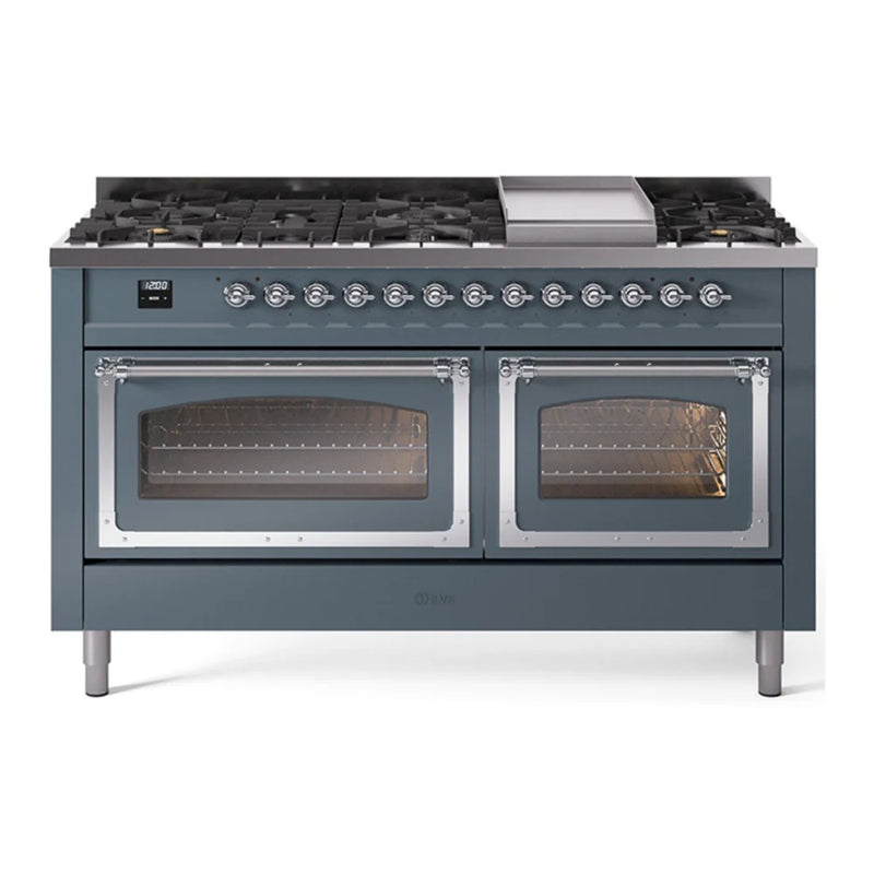 ILVE Nostalgie II Noblesse 60" Dual Fuel Freestanding Range in Blue Grey with Chrome Trim, UN60FNMPBGCLP
