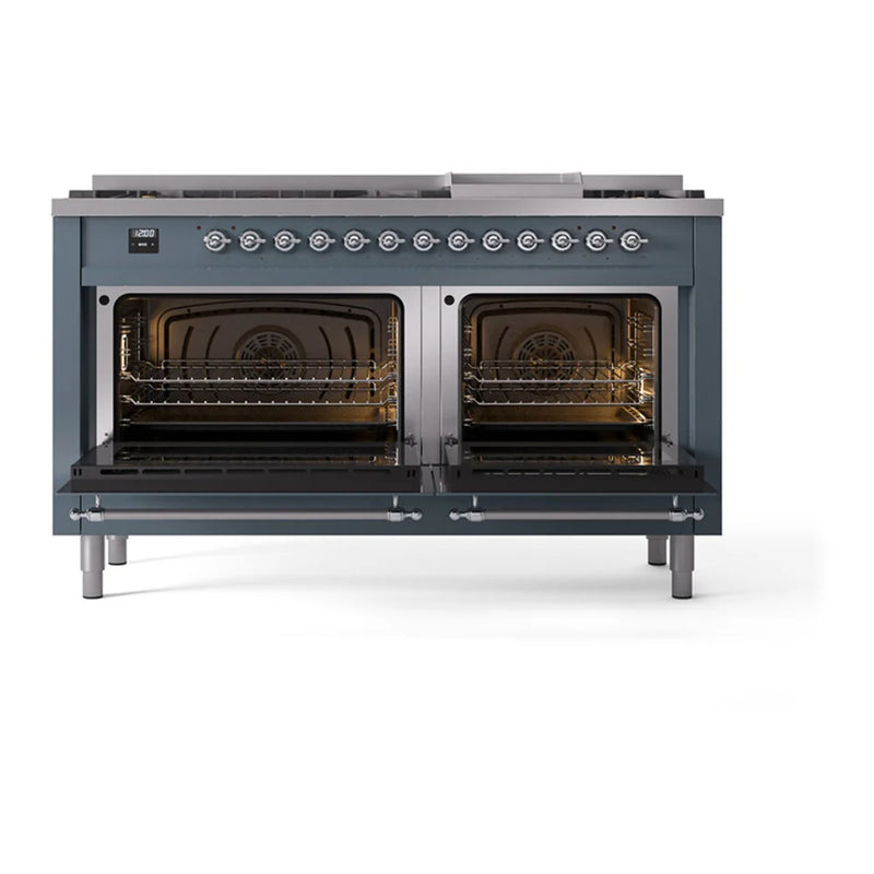 ILVE Nostalgie II Noblesse 60" Dual Fuel Freestanding Range in Blue Grey with Chrome Trim, UN60FNMPBGCLP