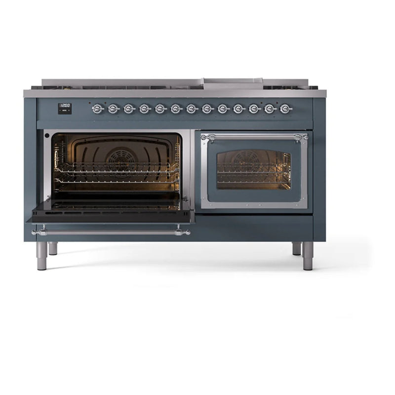 ILVE Nostalgie II Noblesse 60" Dual Fuel Freestanding Range in Blue Grey with Chrome Trim, UN60FNMPBGCLP