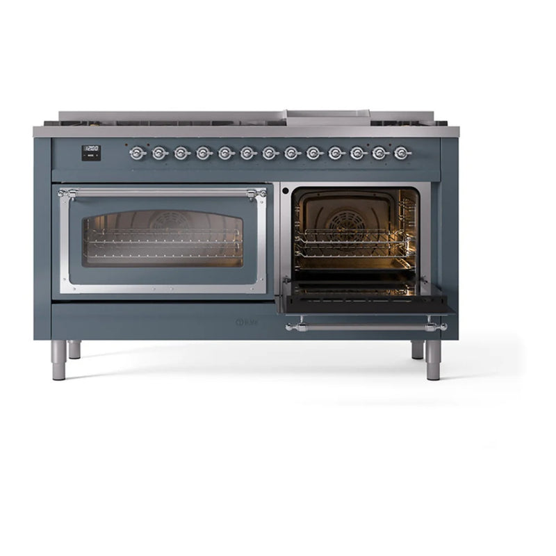 ILVE Nostalgie II Noblesse 60" Dual Fuel Freestanding Range in Blue Grey with Chrome Trim, UN60FNMPBGCLP