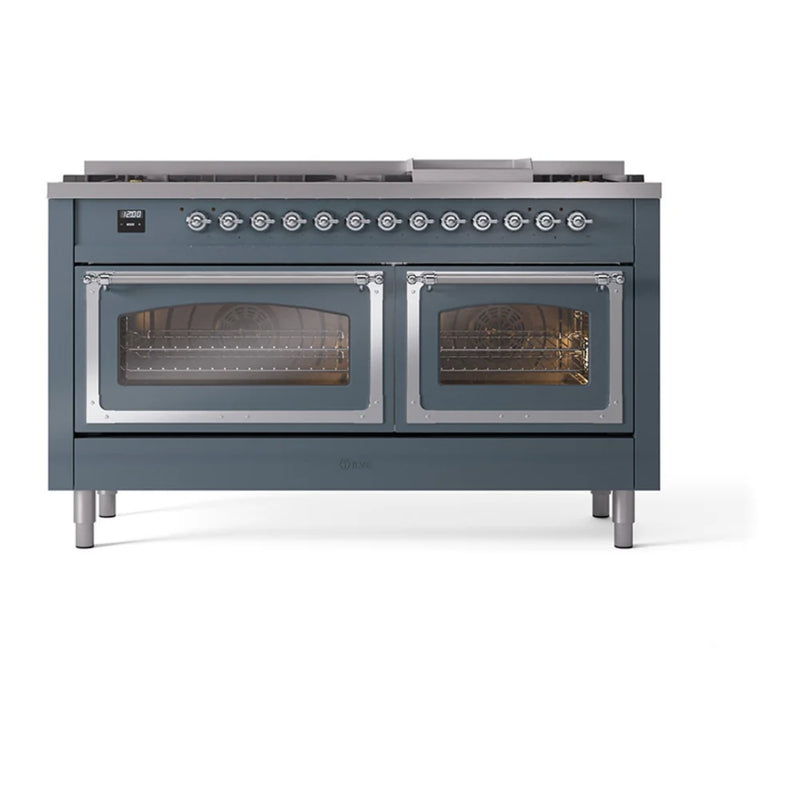 ILVE Nostalgie II Noblesse 60" Dual Fuel Freestanding Range in Blue Grey with Chrome Trim, UN60FNMPBGCLP