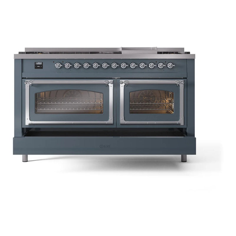 ILVE Nostalgie II Noblesse 60" Dual Fuel Freestanding Range in Blue Grey with Chrome Trim, UN60FNMPBGCLP