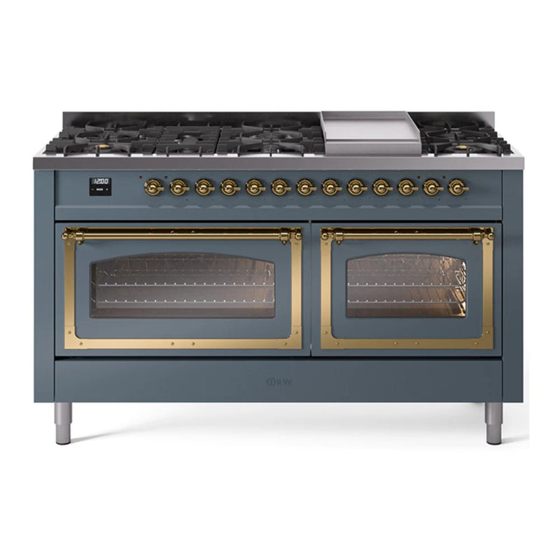 ILVE Nostalgie II Noblesse 60" Dual Fuel Freestanding Range in Blue Grey with Brass Trim, UN60FNMPBGGLP