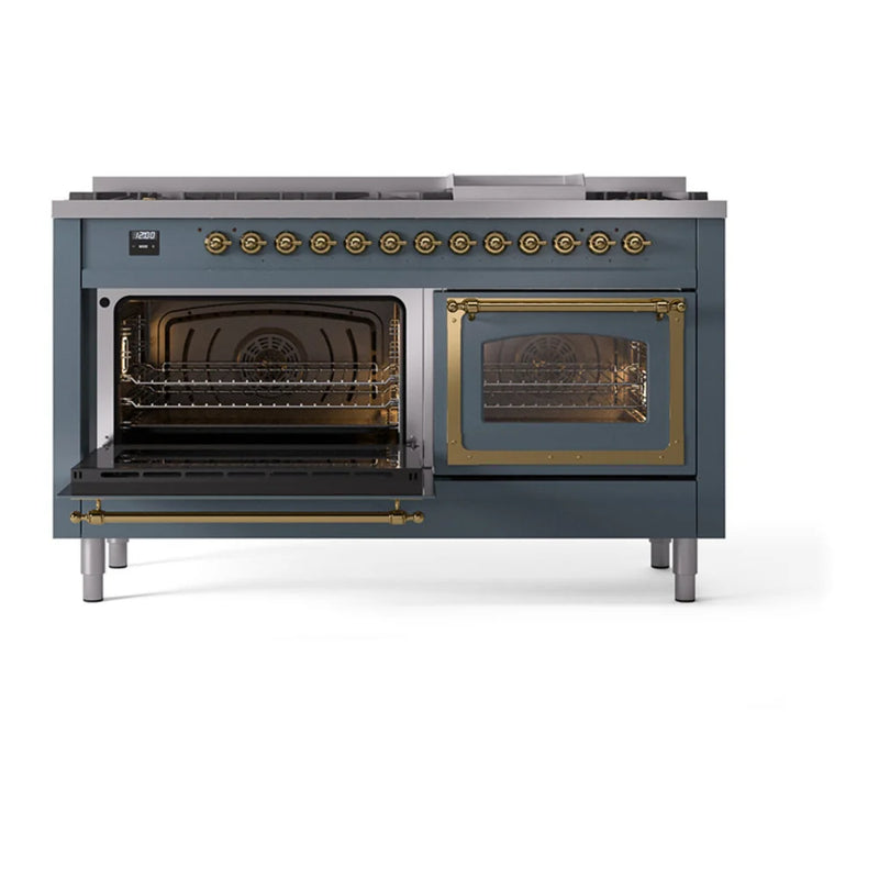 ILVE Nostalgie II Noblesse 60" Dual Fuel Freestanding Range in Blue Grey with Brass Trim, UN60FNMPBGGLP