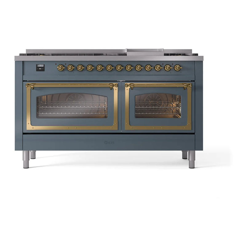 ILVE Nostalgie II Noblesse 60" Dual Fuel Freestanding Range in Blue Grey with Brass Trim, UN60FNMPBGGLP