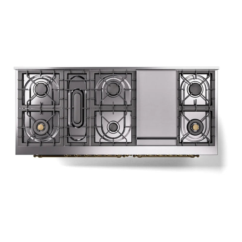 ILVE Nostalgie II Noblesse 60" Dual Fuel Freestanding Range in Blue Grey with Brass Trim, UN60FNMPBGGLP