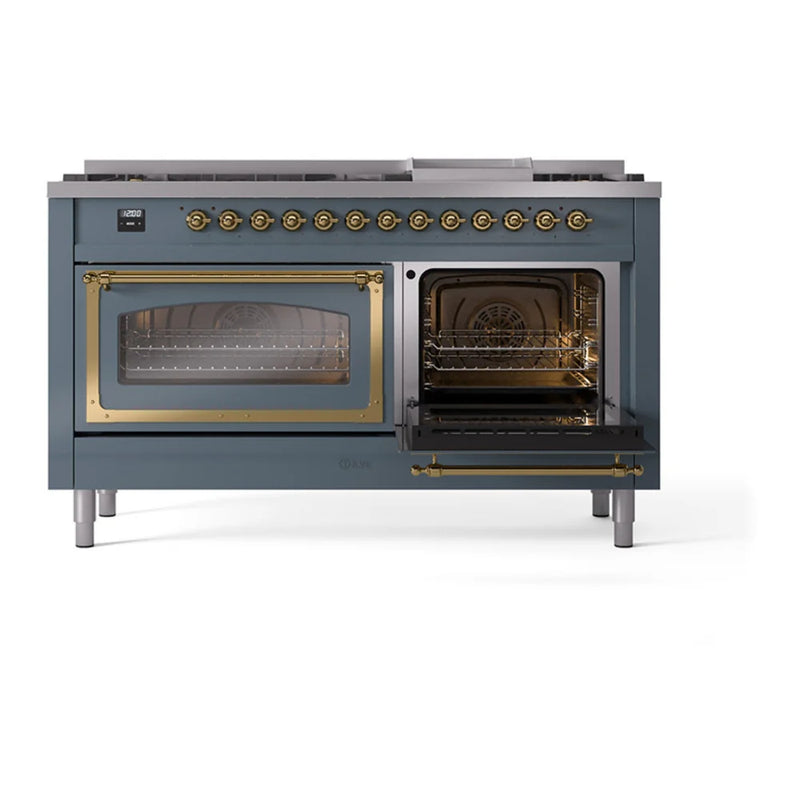 ILVE Nostalgie II Noblesse 60" Dual Fuel Freestanding Range in Blue Grey with Brass Trim, UN60FNMPBGG