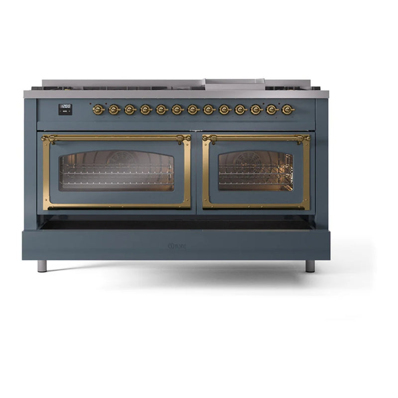 ILVE Nostalgie II Noblesse 60" Dual Fuel Freestanding Range in Blue Grey with Brass Trim, UN60FNMPBGG