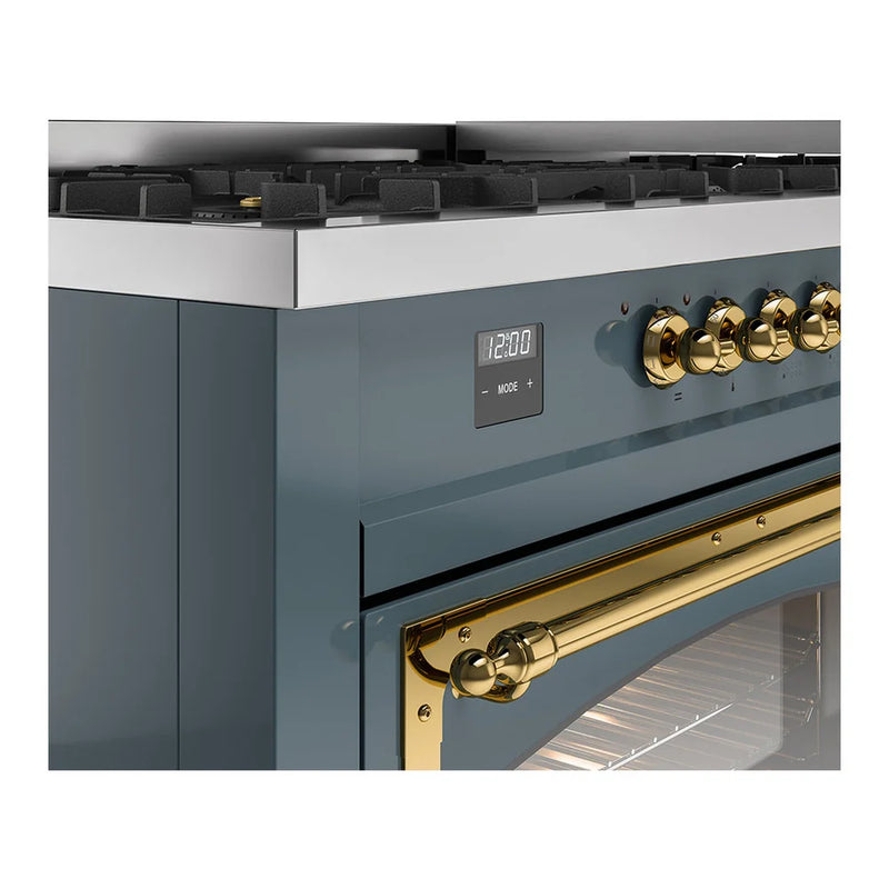 ILVE Nostalgie II Noblesse 60" Dual Fuel Freestanding Range in Blue Grey with Brass Trim, UN60FNMPBGG