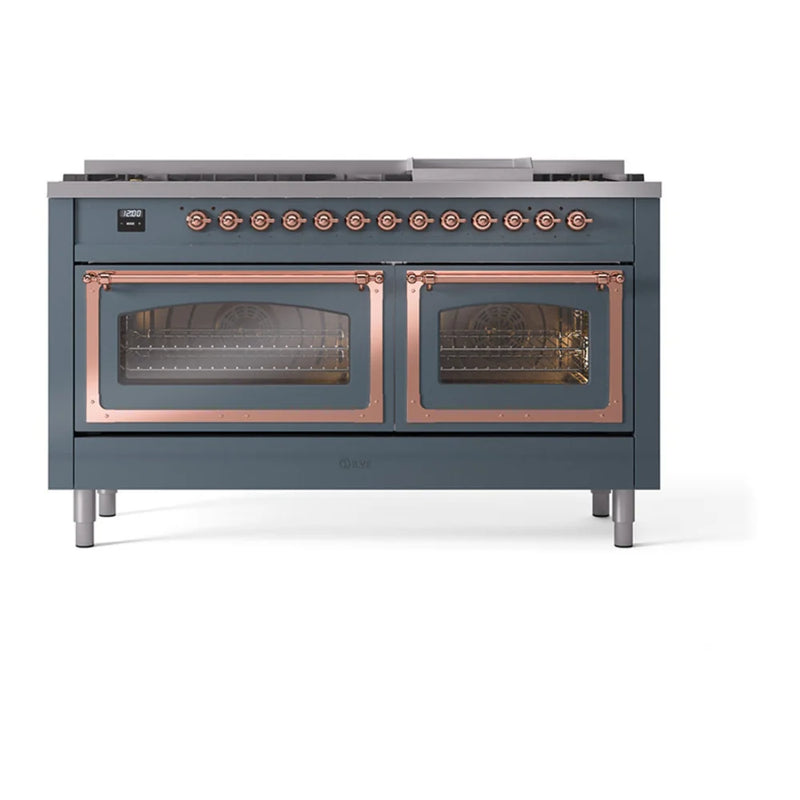 ILVE Nostalgie II Noblesse 60" Dual Fuel Freestanding Range in Blue Grey with Copper Trim, UN60FNMPBGPLP