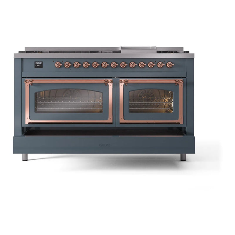 ILVE Nostalgie II Noblesse 60" Dual Fuel Freestanding Range in Blue Grey with Copper Trim, UN60FNMPBGPLP