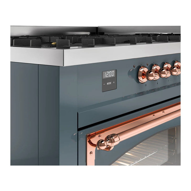 ILVE Nostalgie II Noblesse 60" Dual Fuel Freestanding Range in Blue Grey with Copper Trim, UN60FNMPBGPLP