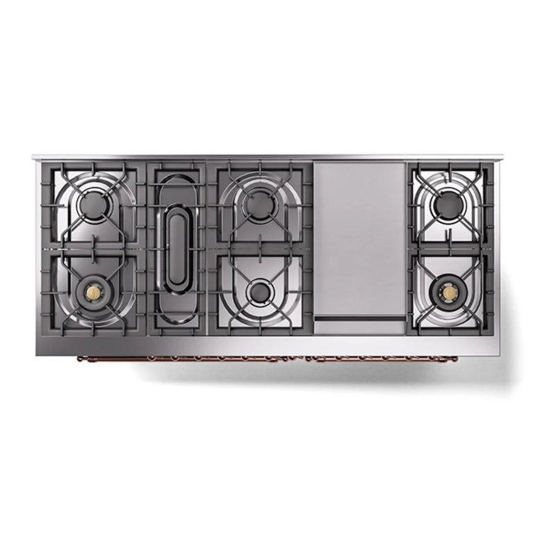 ILVE Nostalgie II Noblesse 60" Dual Fuel Freestanding Range in Blue Grey with Copper Trim, UN60FNMPBGPLP