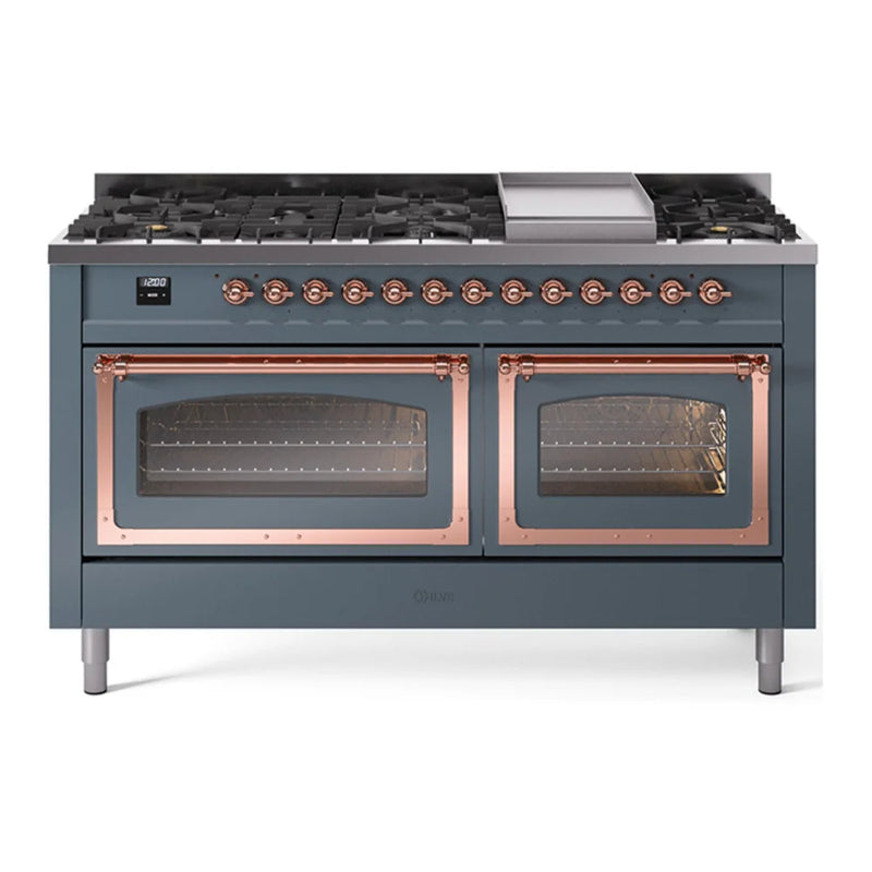ILVE Nostalgie II Noblesse 60" Dual Fuel Freestanding Range in Blue Grey with Copper Trim, UN60FNMPBGP