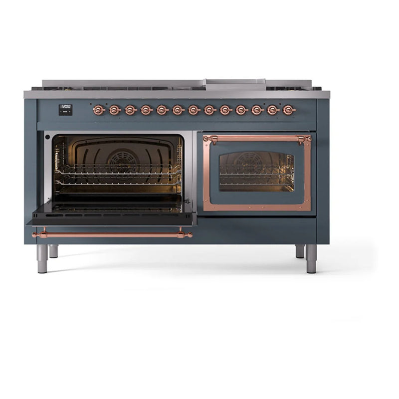 ILVE Nostalgie II Noblesse 60" Dual Fuel Freestanding Range in Blue Grey with Copper Trim, UN60FNMPBGP