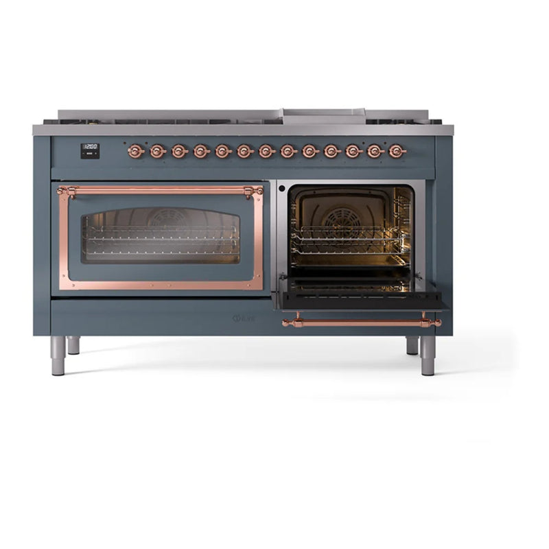 ILVE Nostalgie II Noblesse 60" Dual Fuel Freestanding Range in Blue Grey with Copper Trim, UN60FNMPBGP