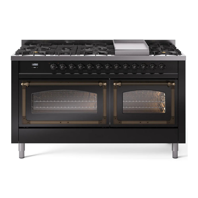 ILVE Nostalgie II Noblesse 60" Dual Fuel Freestanding Range in Glossy Black with Burnished Trim, UN60FNMPBKB