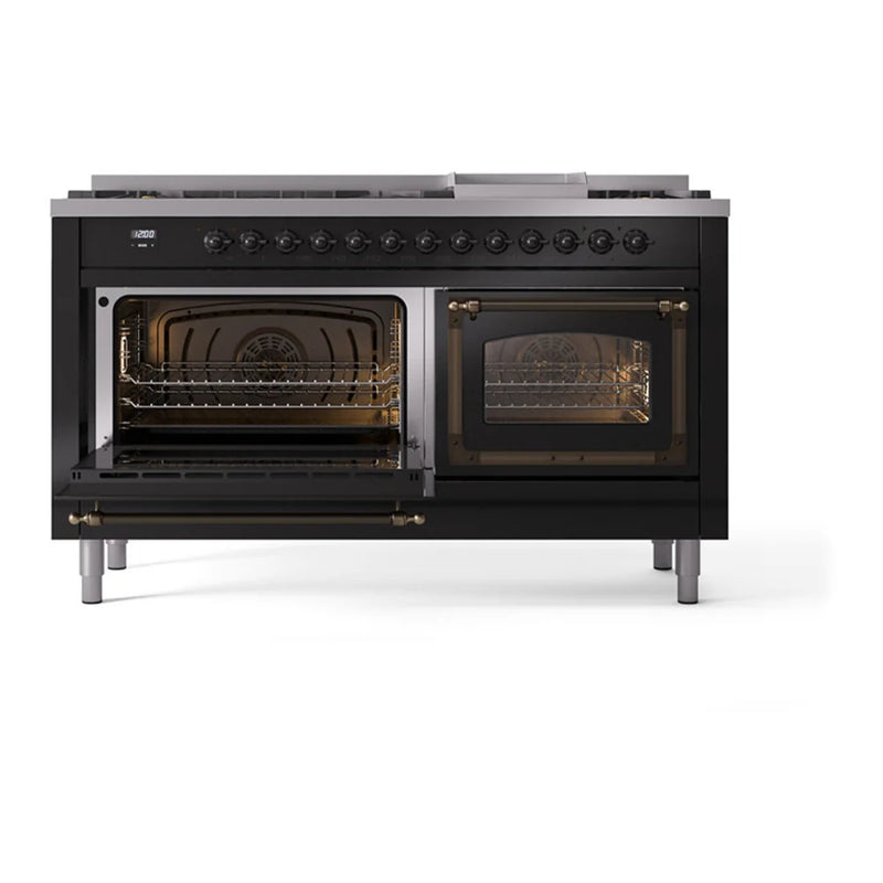 ILVE Nostalgie II Noblesse 60" Dual Fuel Freestanding Range in Glossy Black with Burnished Trim, UN60FNMPBKB