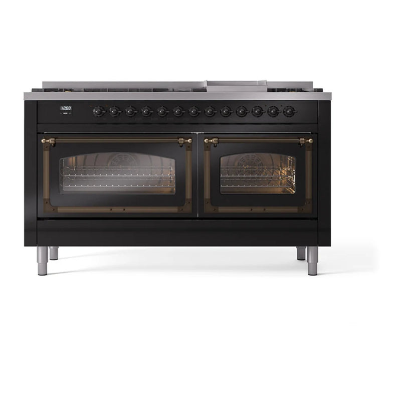 ILVE Nostalgie II Noblesse 60" Dual Fuel Freestanding Range in Glossy Black with Burnished Trim, UN60FNMPBKB
